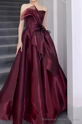 Ball Gown Strapless Burgundy Organza Prom Dresses Long Evening Dress